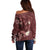 Polynesia Hammerhead Shark Off Shoulder Sweater Tropical Flowers Tribal Pattern Oxblood