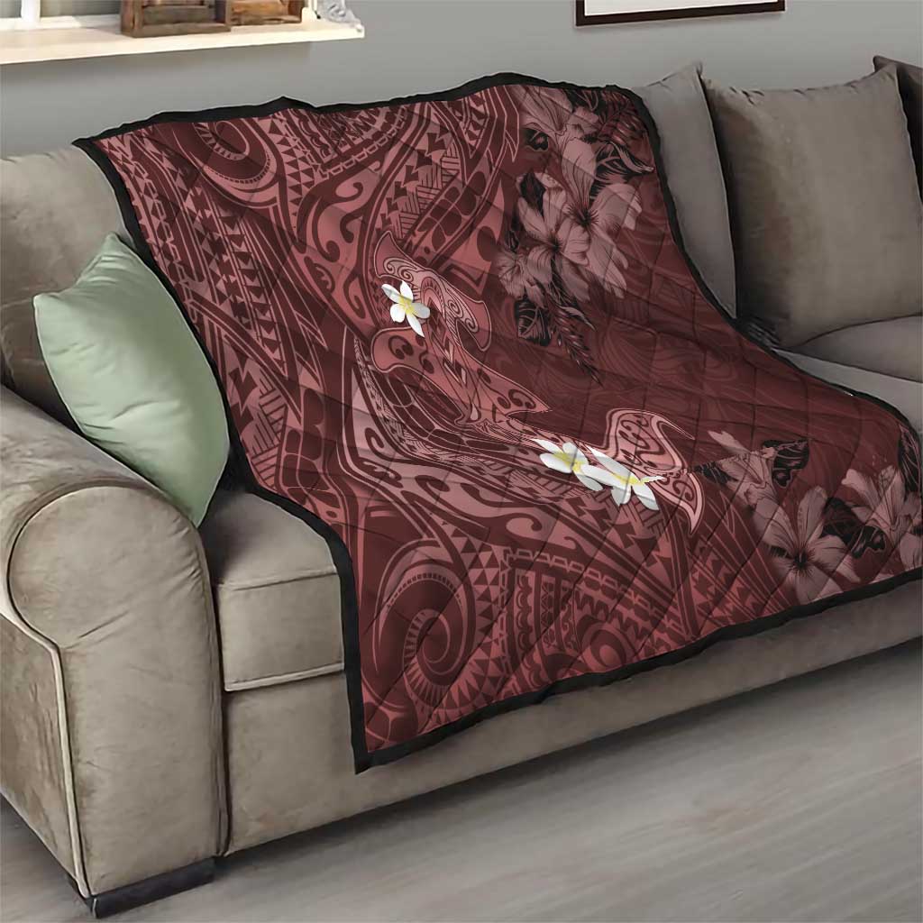 Polynesia Hammerhead Shark Quilt Tropical Flowers Tribal Pattern Oxblood LT05 - Polynesian Pride