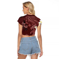 Polynesia Hammerhead Shark Raglan Cropped T Shirt Tropical Flowers Tribal Pattern Oxblood LT05 - Polynesian Pride