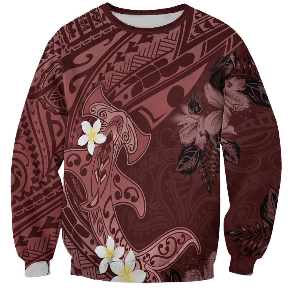 Polynesia Hammerhead Shark Sweatshirt Tropical Flowers Tribal Pattern Oxblood LT05 Unisex Oxblood - Polynesian Pride