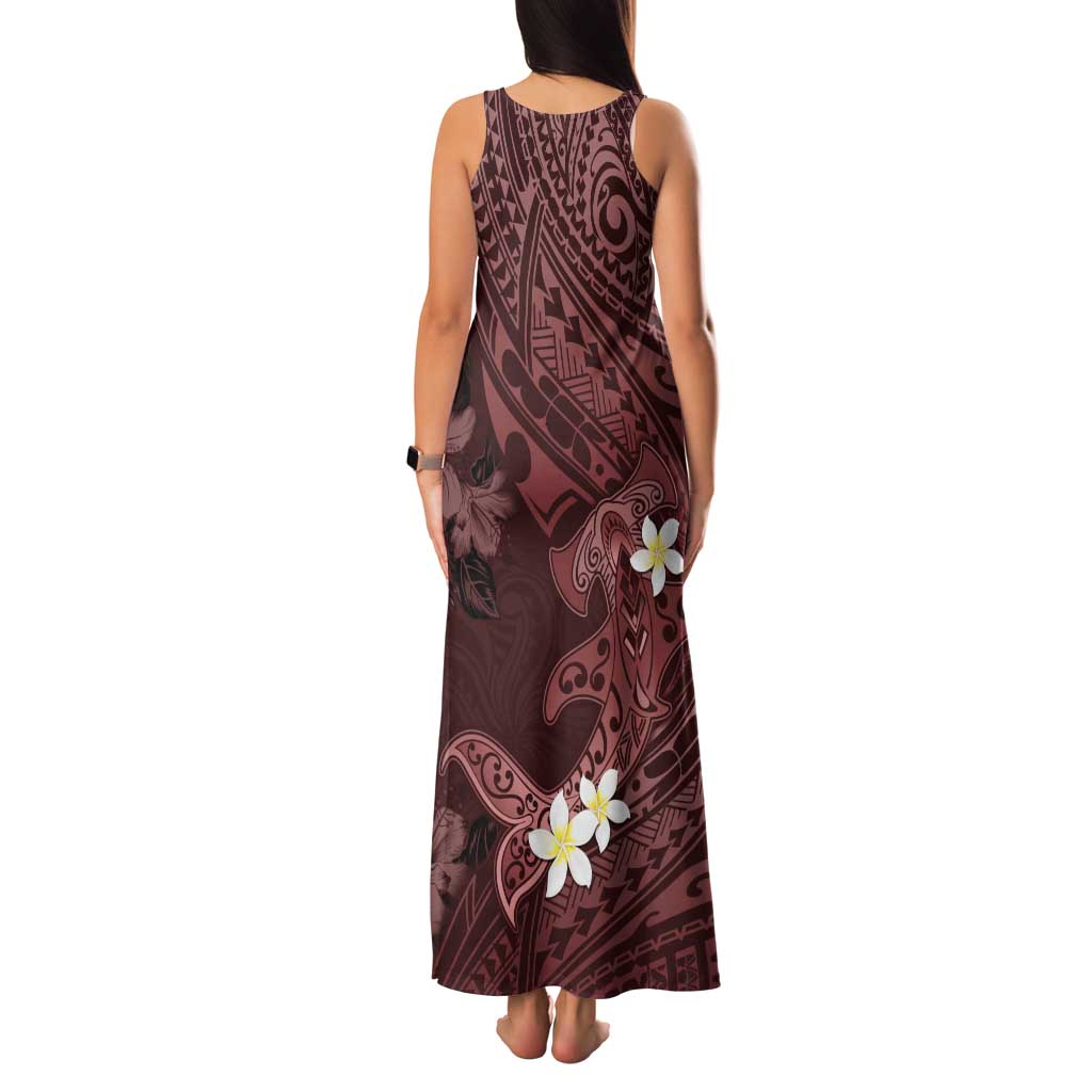 Polynesia Hammerhead Shark Tank Maxi Dress Tropical Flowers Tribal Pattern Oxblood