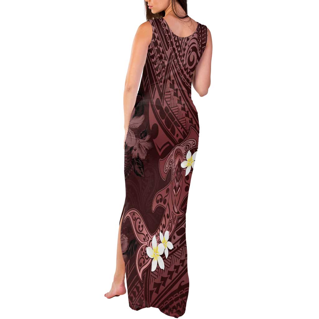 Polynesia Hammerhead Shark Tank Maxi Dress Tropical Flowers Tribal Pattern Oxblood