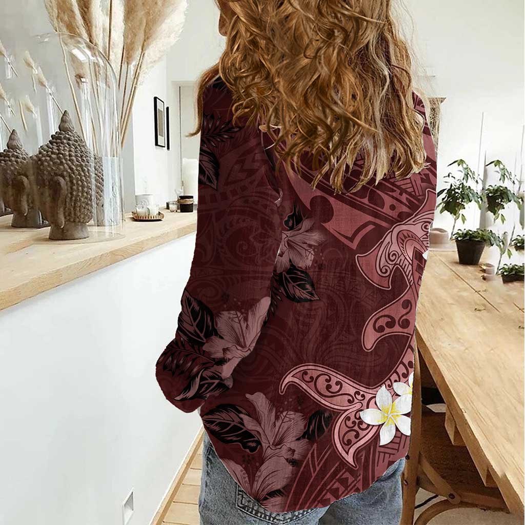 Polynesia Hammerhead Shark Women Casual Shirt Tropical Flowers Tribal Pattern Oxblood LT05 - Polynesian Pride