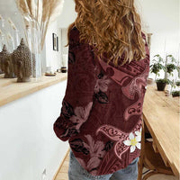 Polynesia Hammerhead Shark Women Casual Shirt Tropical Flowers Tribal Pattern Oxblood LT05 - Polynesian Pride