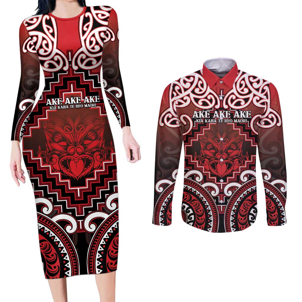 Personalised New Zealand Aotearoa Couples Matching Long Sleeve Bodycon Dress and Long Sleeve Button Shirt Te Reo Maori Ake Ake Ake - Polynesian Pride