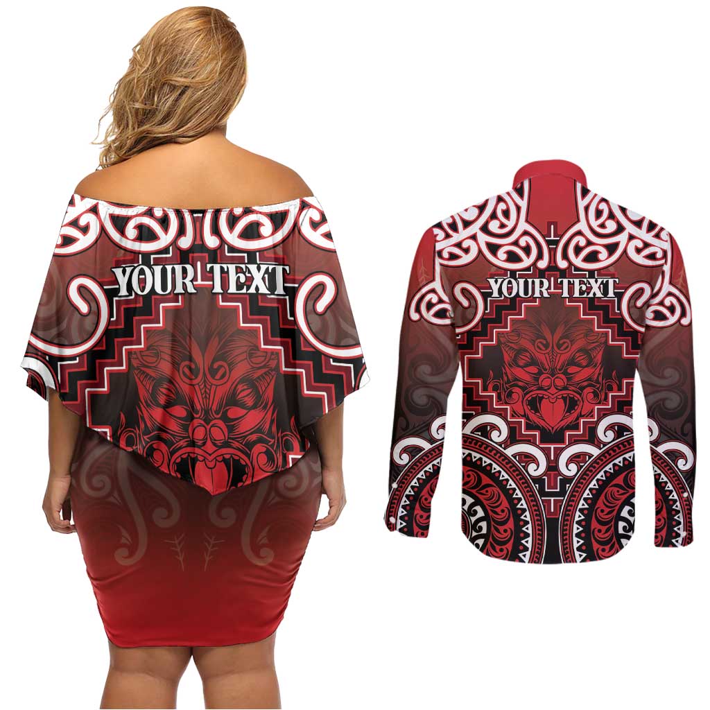 Personalised New Zealand Aotearoa Couples Matching Off Shoulder Short Dress and Long Sleeve Button Shirt Te Reo Maori Ake Ake Ake - Polynesian Pride