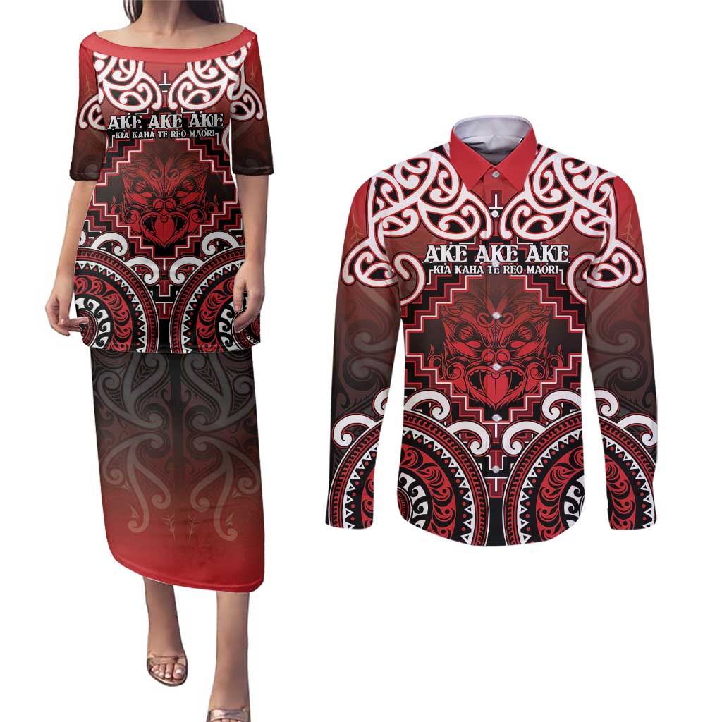 Personalised New Zealand Aotearoa Couples Matching Puletasi and Long Sleeve Button Shirt Te Reo Maori Ake Ake Ake - Polynesian Pride