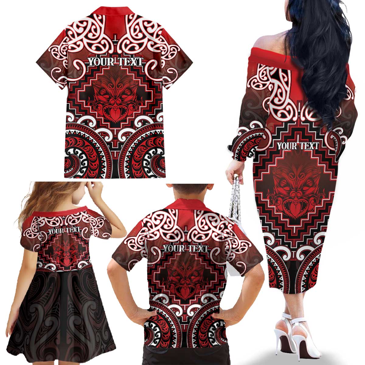 Personalised New Zealand Aotearoa Family Matching Off The Shoulder Long Sleeve Dress and Hawaiian Shirt Te Reo Maori Ake Ake Ake - Polynesian Pride