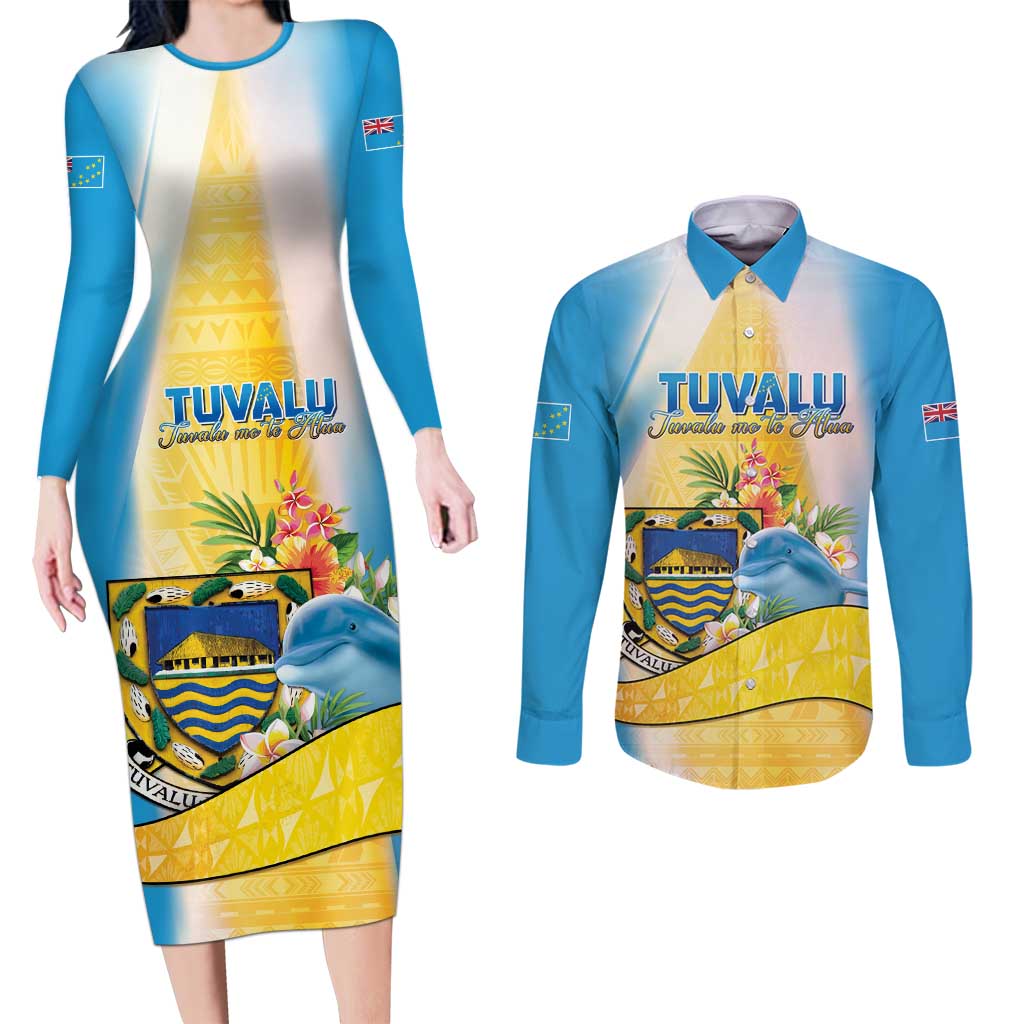 Personalised Tuvalu Independence Day Couples Matching Long Sleeve Bodycon Dress and Long Sleeve Button Shirt Tuvalu Mo Te Atua LT05 Yellow - Polynesian Pride
