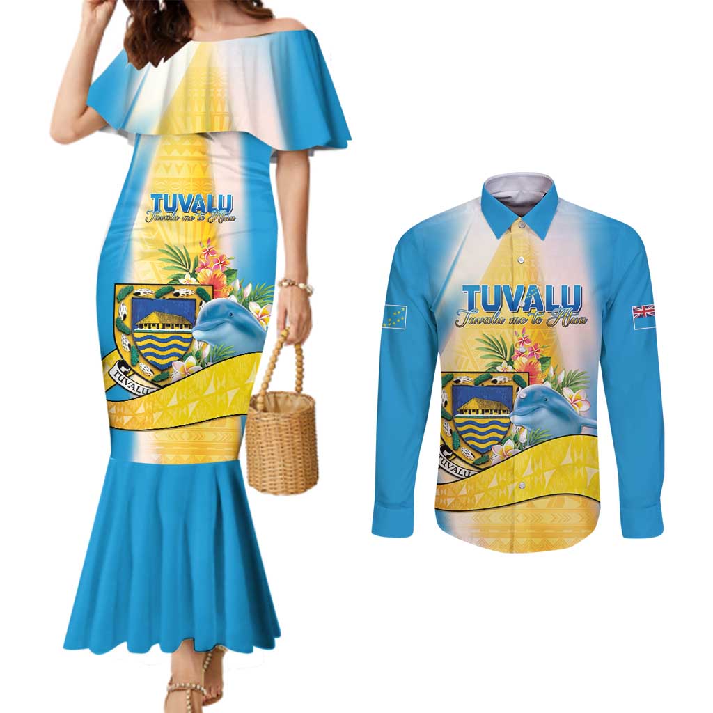 Personalised Tuvalu Independence Day Couples Matching Mermaid Dress and Long Sleeve Button Shirt Tuvalu Mo Te Atua - Polynesian Pride