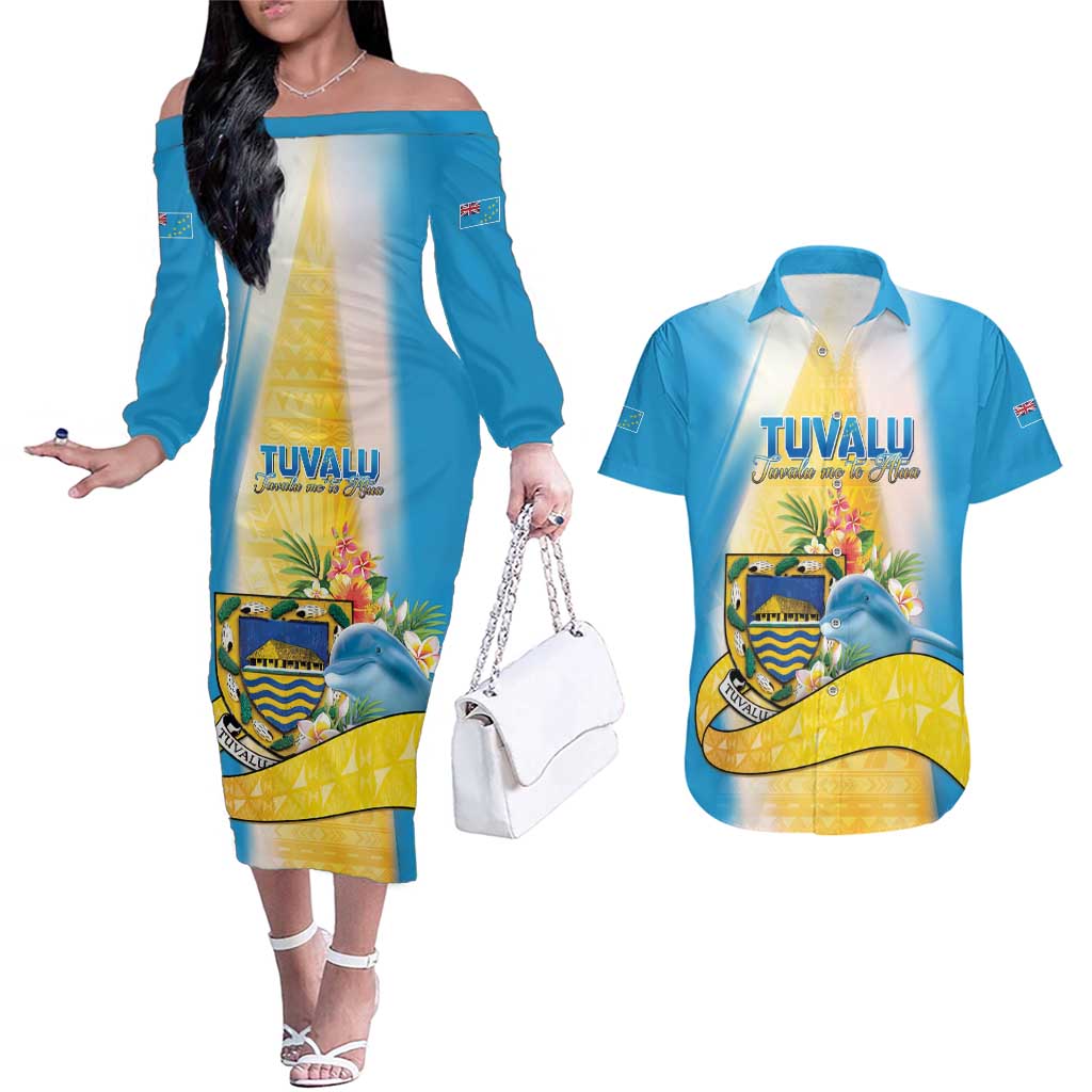Personalised Tuvalu Independence Day Couples Matching Off The Shoulder Long Sleeve Dress and Hawaiian Shirt Tuvalu Mo Te Atua - Polynesian Pride