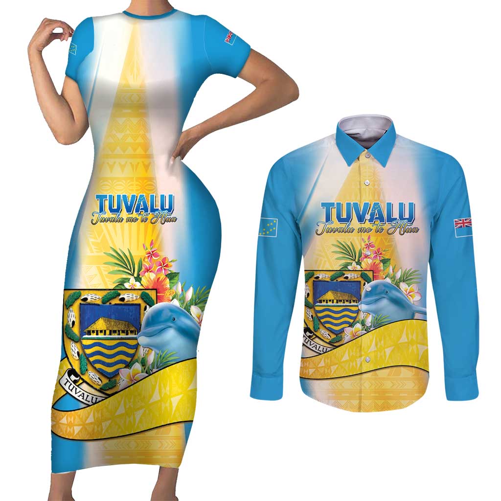 Personalised Tuvalu Independence Day Couples Matching Short Sleeve Bodycon Dress and Long Sleeve Button Shirt Tuvalu Mo Te Atua LT05 Yellow - Polynesian Pride