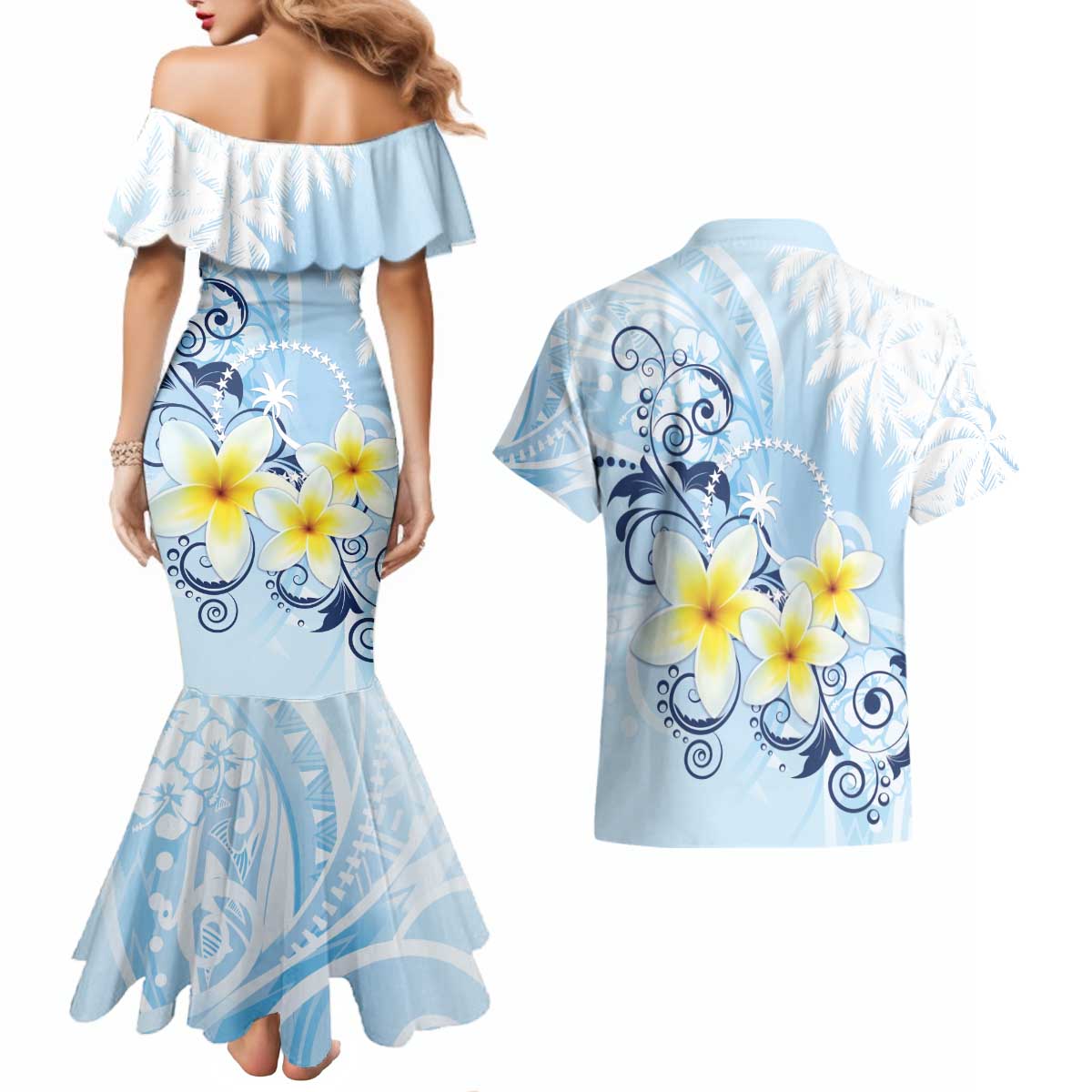 FSM Chuuk Constitution Day Couples Matching Mermaid Dress and Hawaiian Shirt Polynesian Curves Plumeria - Polynesian Pride