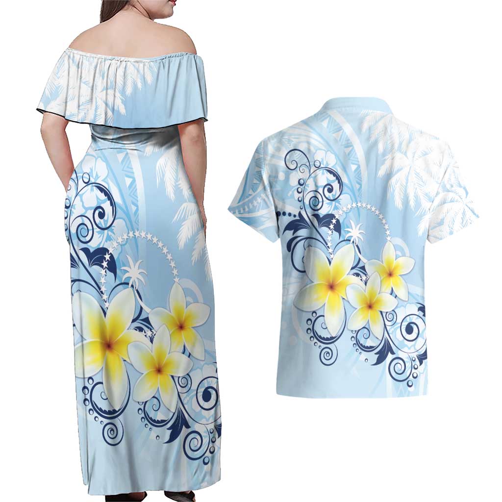 FSM Chuuk Constitution Day Couples Matching Off Shoulder Maxi Dress and Hawaiian Shirt Polynesian Curves Plumeria - Polynesian Pride