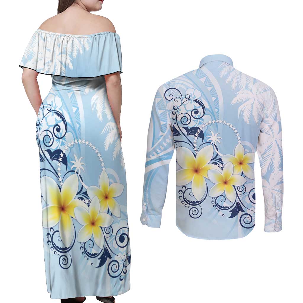 FSM Chuuk Constitution Day Couples Matching Off Shoulder Maxi Dress and Long Sleeve Button Shirt Polynesian Curves Plumeria - Polynesian Pride