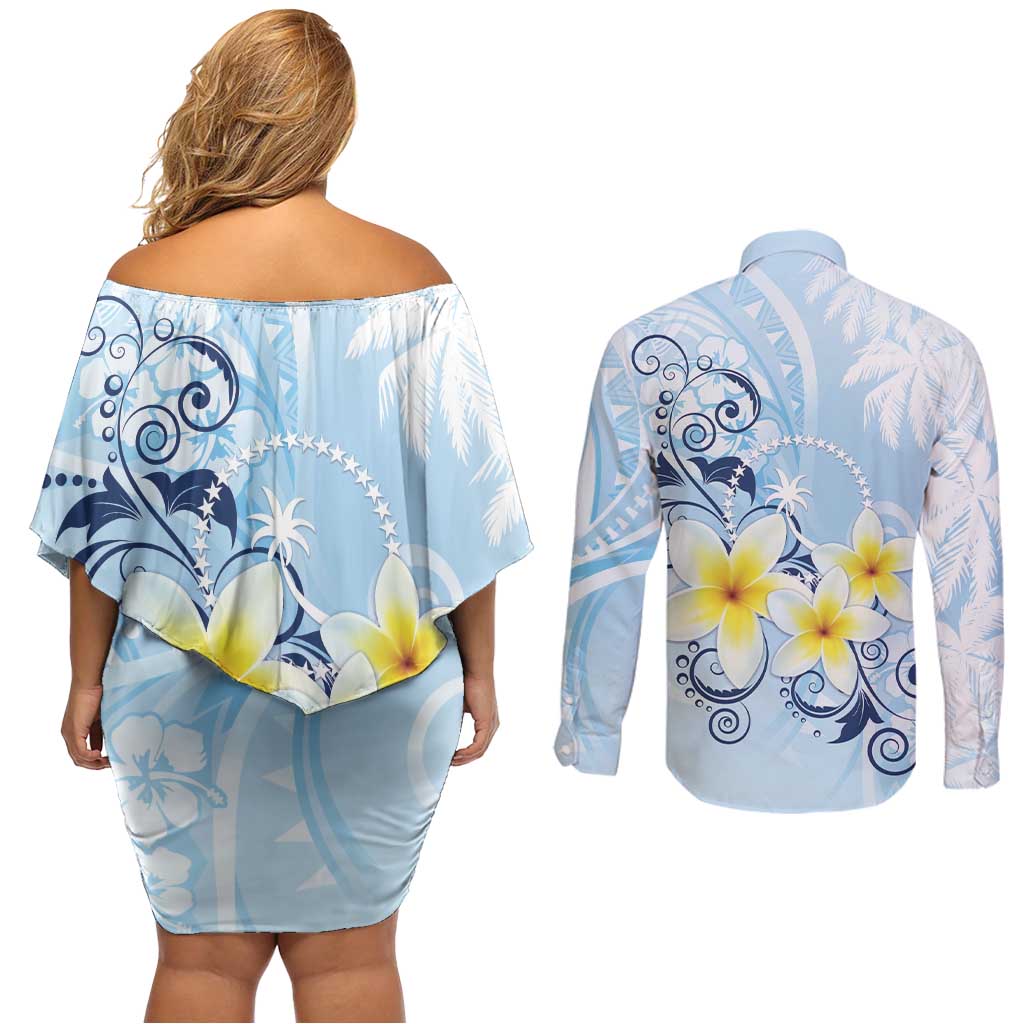 FSM Chuuk Constitution Day Couples Matching Off Shoulder Short Dress and Long Sleeve Button Shirt Polynesian Curves Plumeria - Polynesian Pride