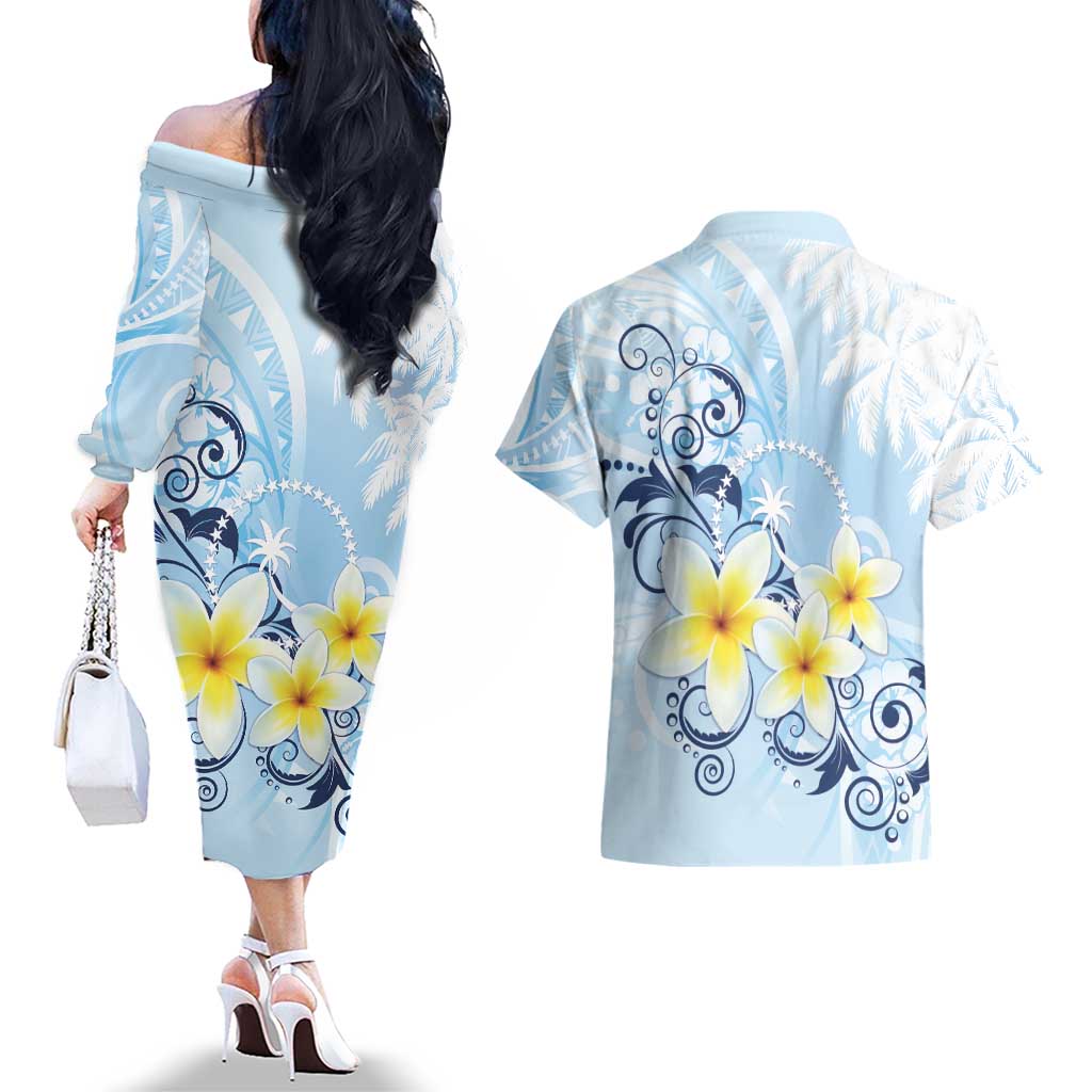 FSM Chuuk Constitution Day Couples Matching Off The Shoulder Long Sleeve Dress and Hawaiian Shirt Polynesian Curves Plumeria - Polynesian Pride