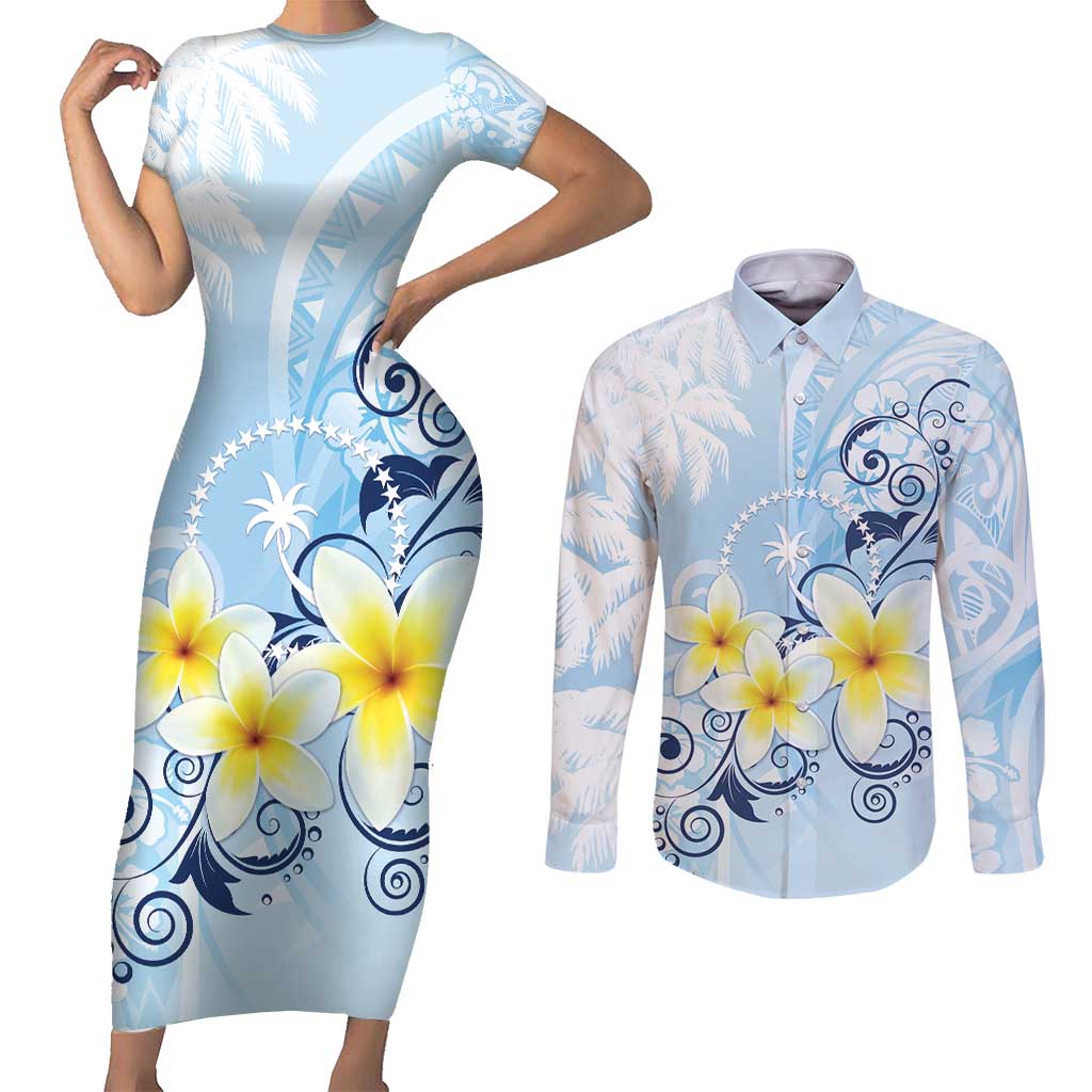 FSM Chuuk Constitution Day Couples Matching Short Sleeve Bodycon Dress and Long Sleeve Button Shirt Polynesian Curves Plumeria - Polynesian Pride