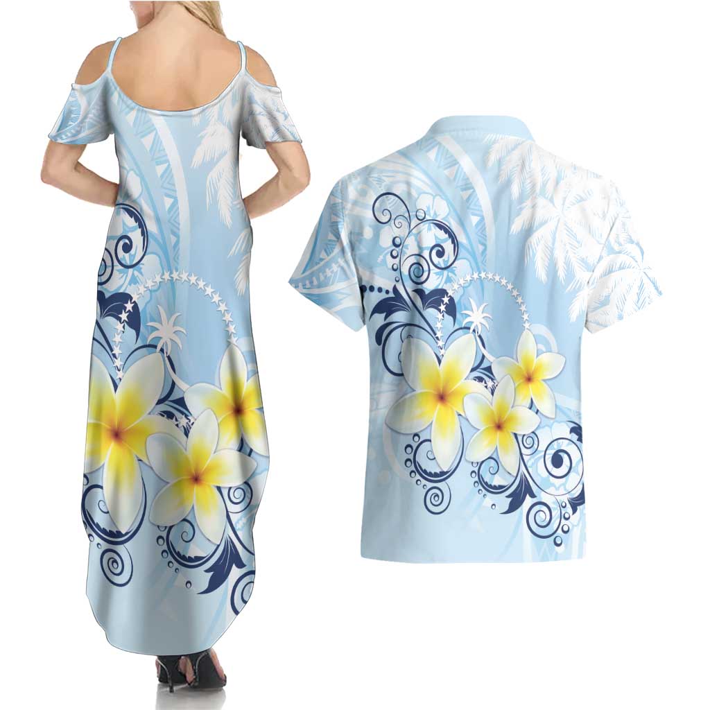 FSM Chuuk Constitution Day Couples Matching Summer Maxi Dress and Hawaiian Shirt Polynesian Curves Plumeria - Polynesian Pride