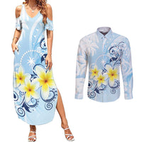 FSM Chuuk Constitution Day Couples Matching Summer Maxi Dress and Long Sleeve Button Shirt Polynesian Curves Plumeria - Polynesian Pride