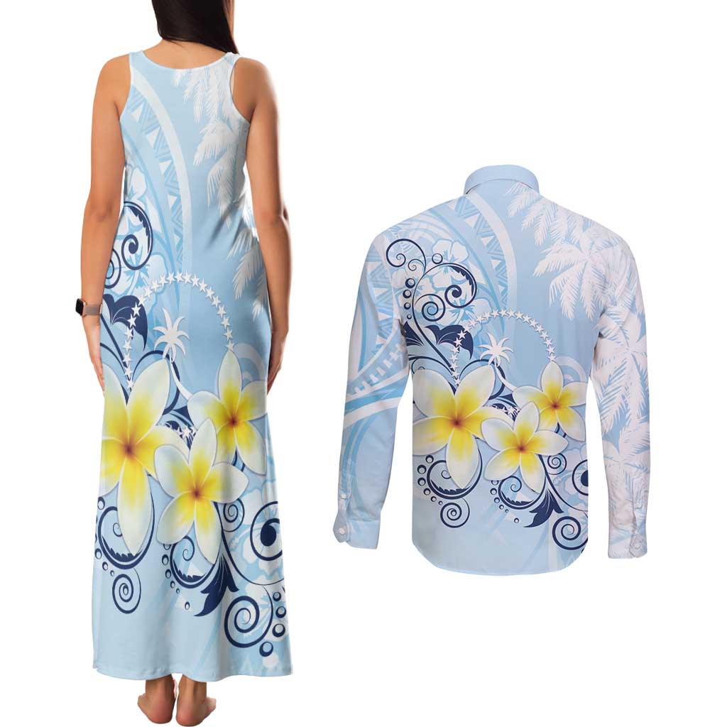 FSM Chuuk Constitution Day Couples Matching Tank Maxi Dress and Long Sleeve Button Shirt Polynesian Curves Plumeria - Polynesian Pride