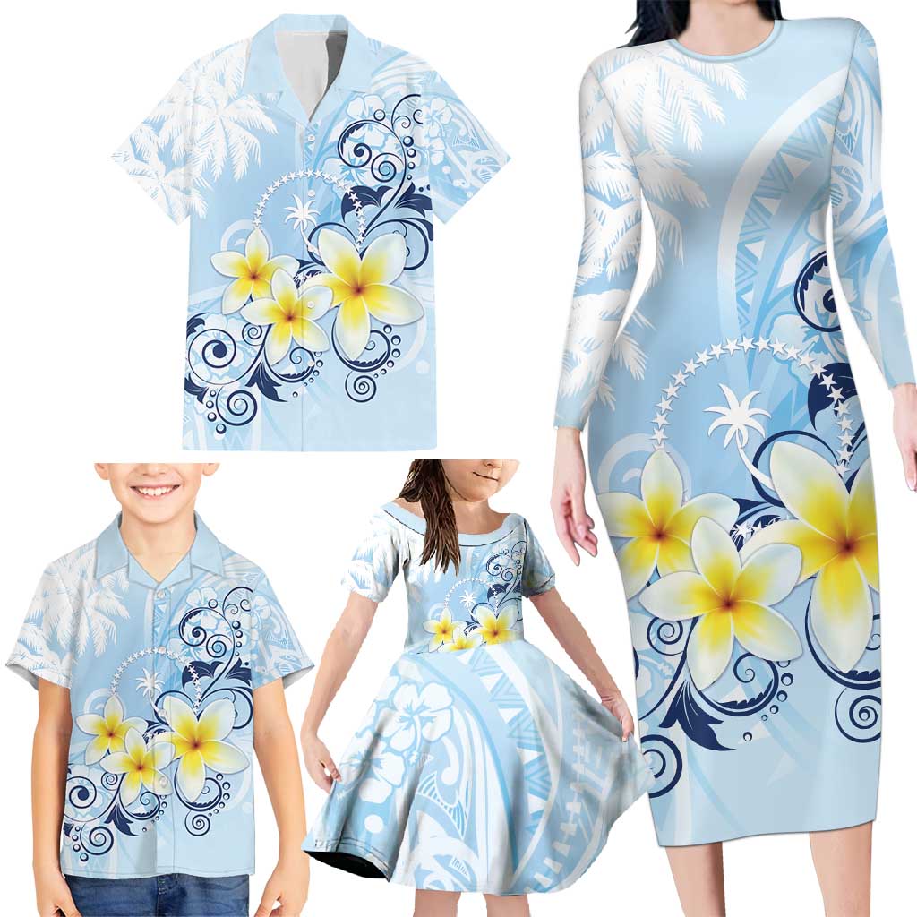 FSM Chuuk Constitution Day Family Matching Long Sleeve Bodycon Dress and Hawaiian Shirt Polynesian Curves Plumeria - Polynesian Pride