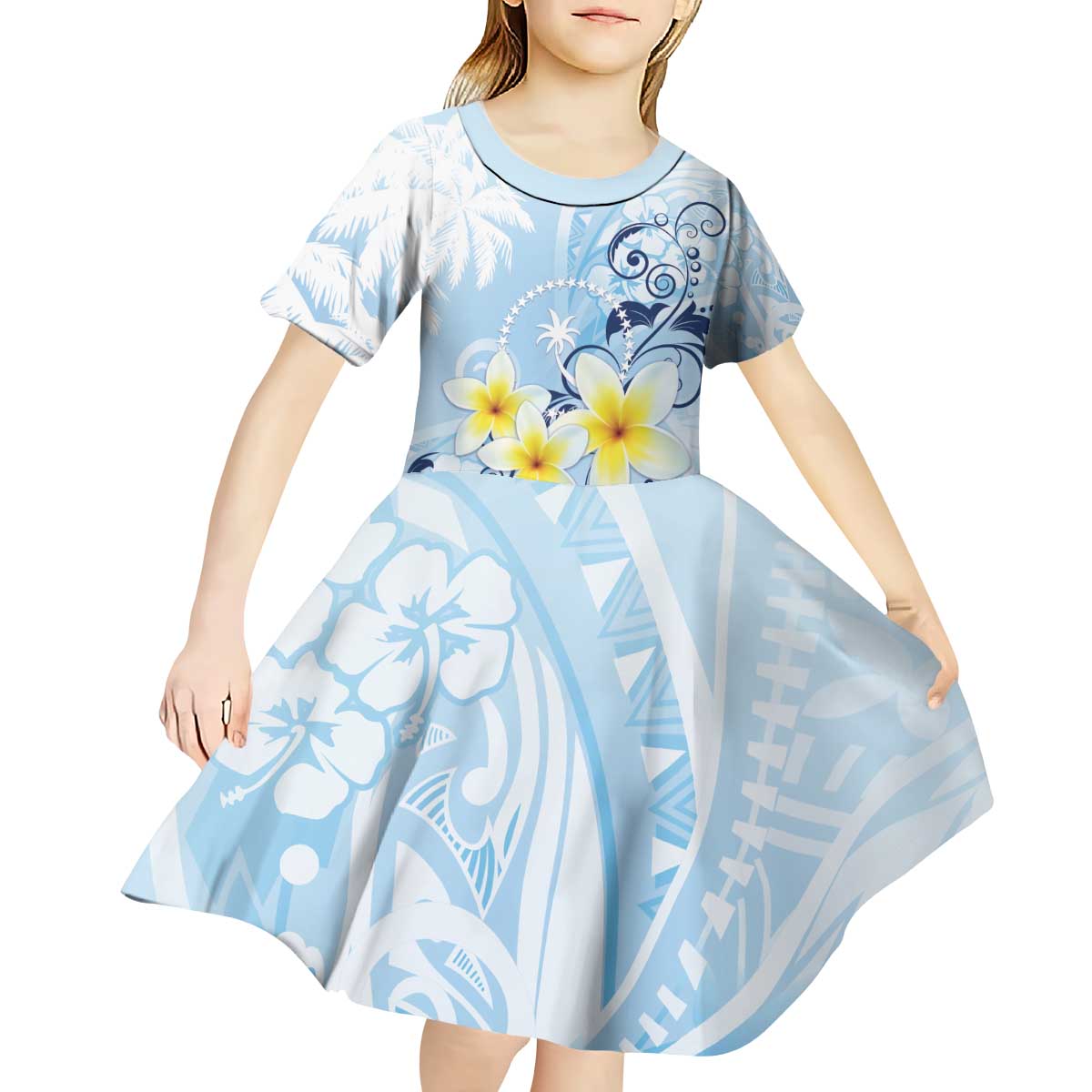 FSM Chuuk Constitution Day Kid Short Sleeve Dress Polynesian Curves Plumeria - Polynesian Pride
