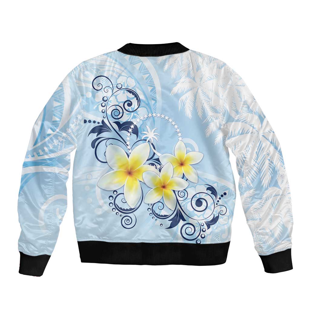 FSM Chuuk Constitution Day Sleeve Zip Bomber Jacket Polynesian Curves Plumeria - Polynesian Pride