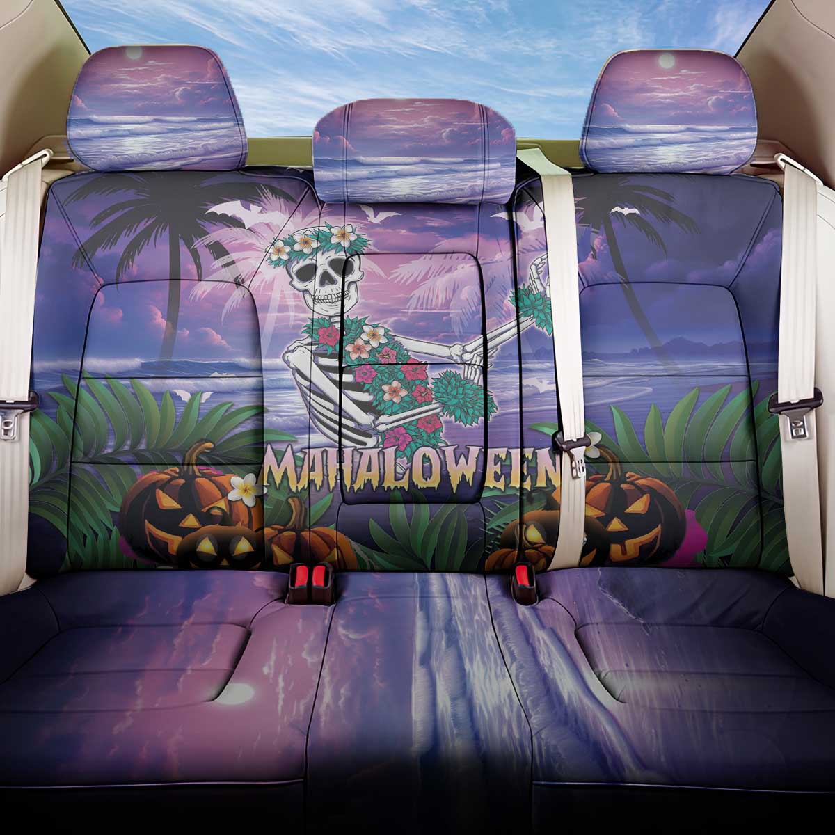 Happy Hulaween Back Car Seat Cover Mahaloween Skeleton Dancing