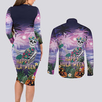 Happy Hulaween Couples Matching Long Sleeve Bodycon Dress and Long Sleeve Button Shirt Mahaloween Skeleton Dancing
