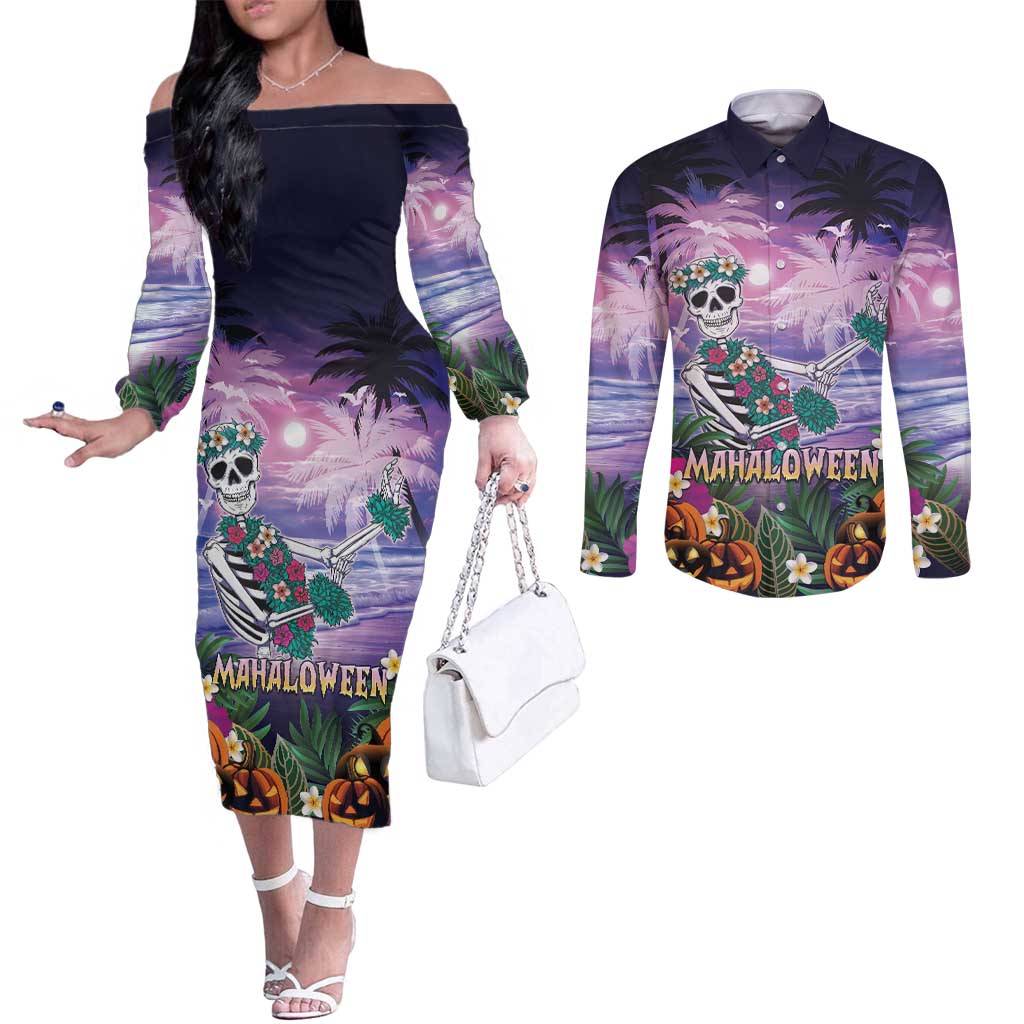 Happy Hulaween Couples Matching Off The Shoulder Long Sleeve Dress and Long Sleeve Button Shirt Mahaloween Skeleton Dancing