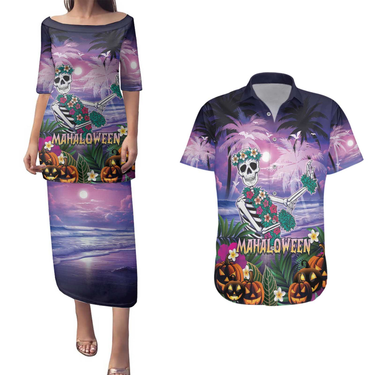 Happy Hulaween Couples Matching Puletasi and Hawaiian Shirt Mahaloween Skeleton Dancing