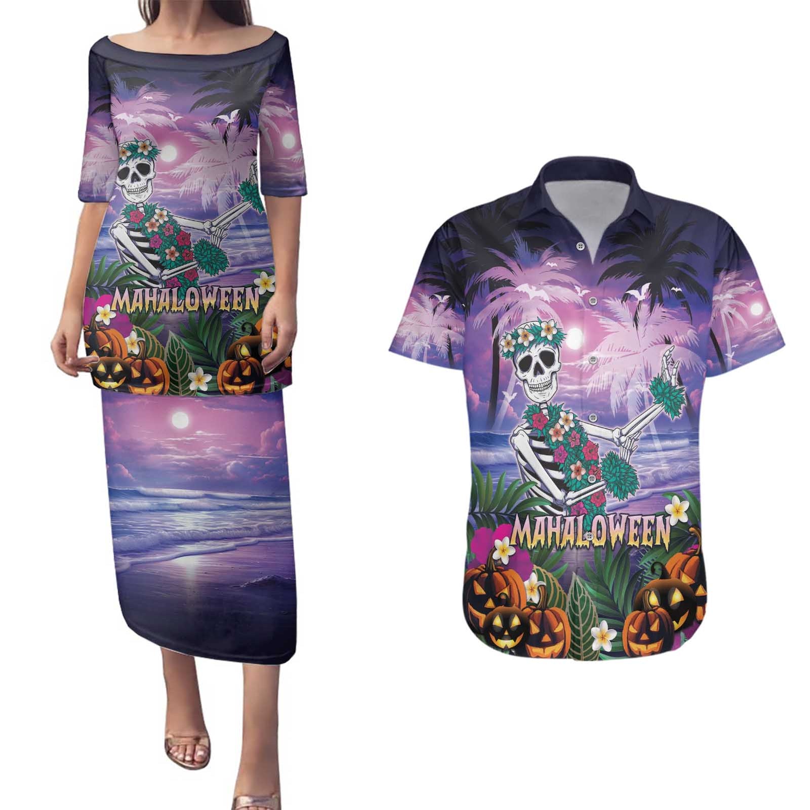 Happy Hulaween Couples Matching Puletasi and Hawaiian Shirt Mahaloween Skeleton Dancing