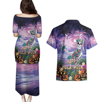 Happy Hulaween Couples Matching Puletasi and Hawaiian Shirt Mahaloween Skeleton Dancing