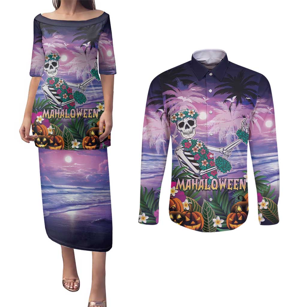 Happy Hulaween Couples Matching Puletasi and Long Sleeve Button Shirt Mahaloween Skeleton Dancing