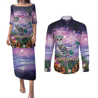 Happy Hulaween Couples Matching Puletasi and Long Sleeve Button Shirt Mahaloween Skeleton Dancing