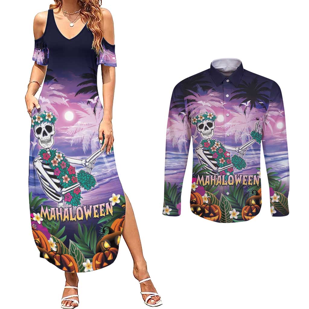 Happy Hulaween Couples Matching Summer Maxi Dress and Long Sleeve Button Shirt Mahaloween Skeleton Dancing