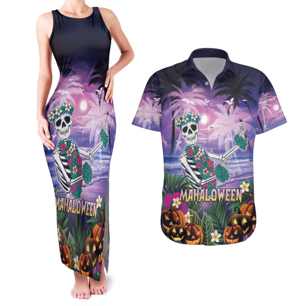 Happy Hulaween Couples Matching Tank Maxi Dress and Hawaiian Shirt Mahaloween Skeleton Dancing