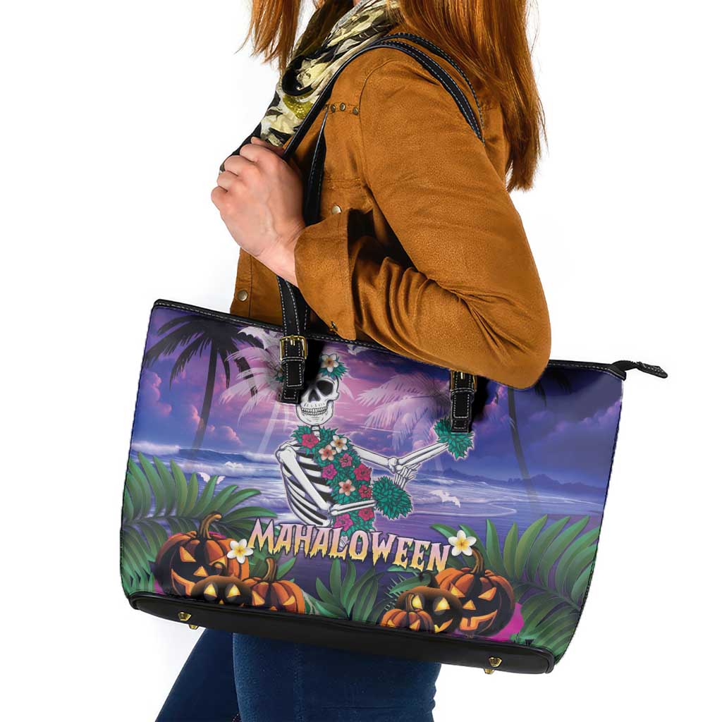 Happy Hulaween Leather Tote Bag Mahaloween Skeleton Dancing LT05 Purple - Polynesian Pride