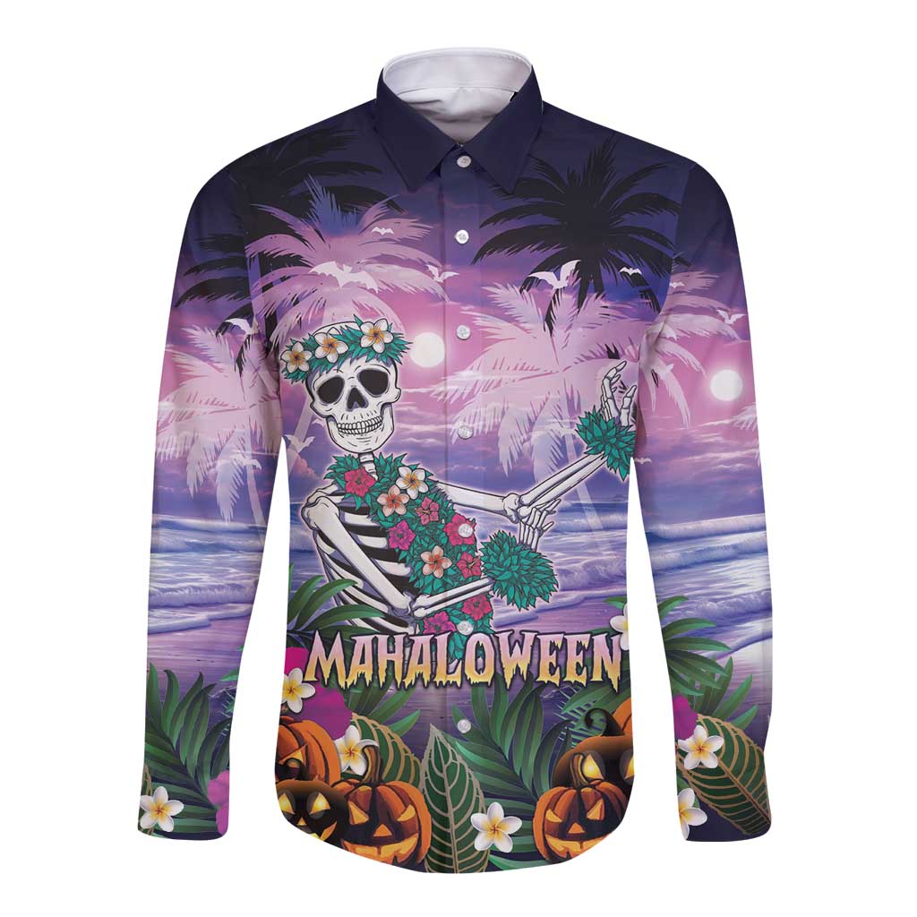 Happy Hulaween Long Sleeve Button Shirt Mahaloween Skeleton Dancing LT05 Unisex Purple - Polynesian Pride