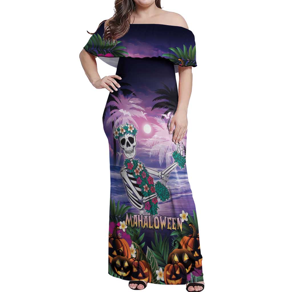 Happy Hulaween Off Shoulder Maxi Dress Mahaloween Skeleton Dancing