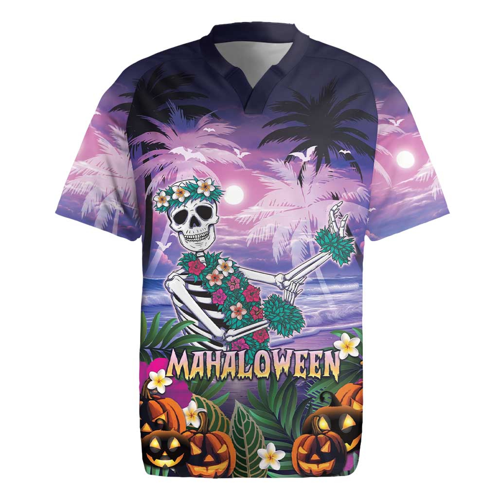 Happy Hulaween Rugby Jersey Mahaloween Skeleton Dancing