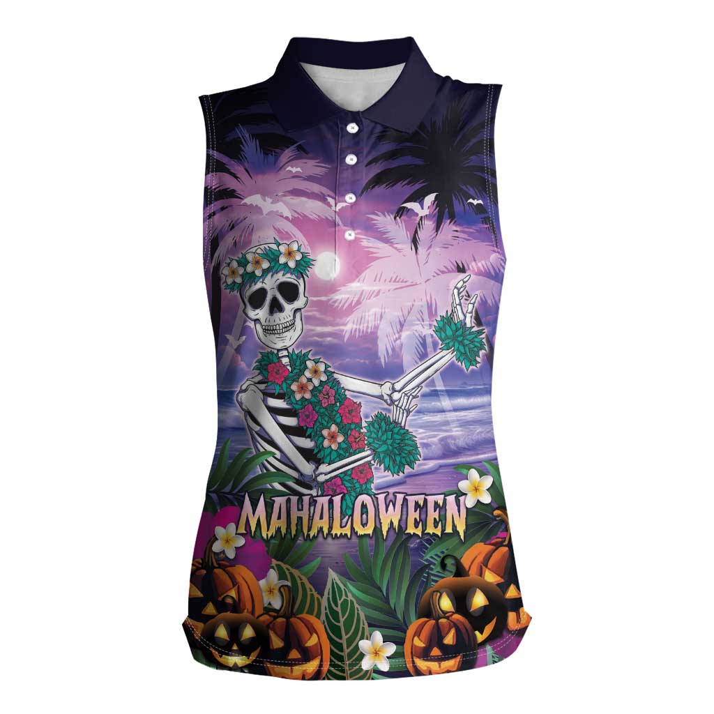 Happy Hulaween Women Sleeveless Polo Shirt Mahaloween Skeleton Dancing LT05 Female Purple - Polynesian Pride
