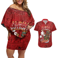 Personalised Aloha Halloween Couples Matching Off Shoulder Short Dress and Hawaiian Shirt Skeleton Surfing