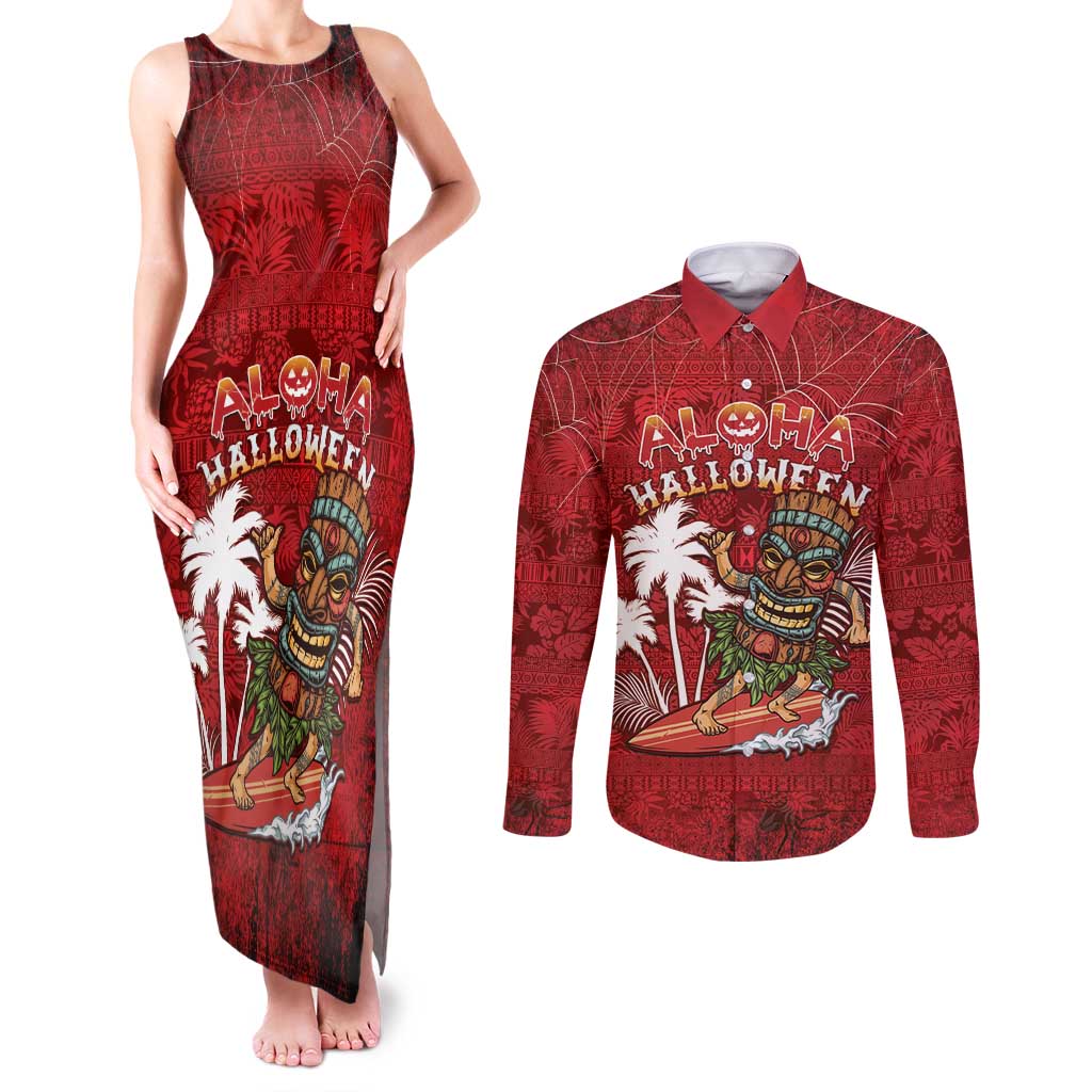 Personalised Aloha Halloween Couples Matching Tank Maxi Dress and Long Sleeve Button Shirt Skeleton Surfing