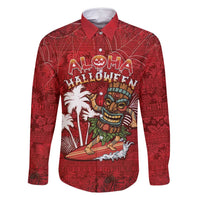 Personalised Aloha Halloween Family Matching Long Sleeve Bodycon Dress and Hawaiian Shirt Skeleton Surfing