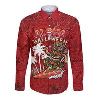 Personalised Aloha Halloween Long Sleeve Button Shirt Skeleton Surfing LT05 Unisex Red - Polynesian Pride