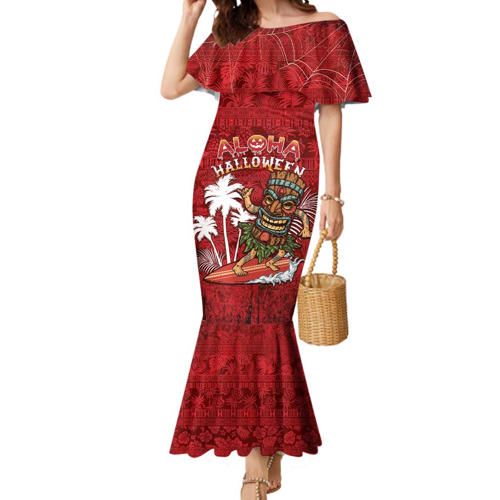 Personalised Aloha Halloween Mermaid Dress Skeleton Surfing LT05 Women Red - Polynesian Pride