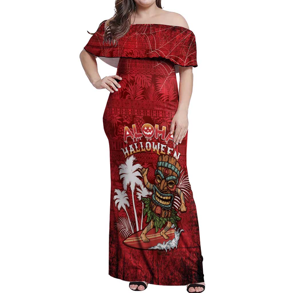 Personalised Aloha Halloween Off Shoulder Maxi Dress Skeleton Surfing
