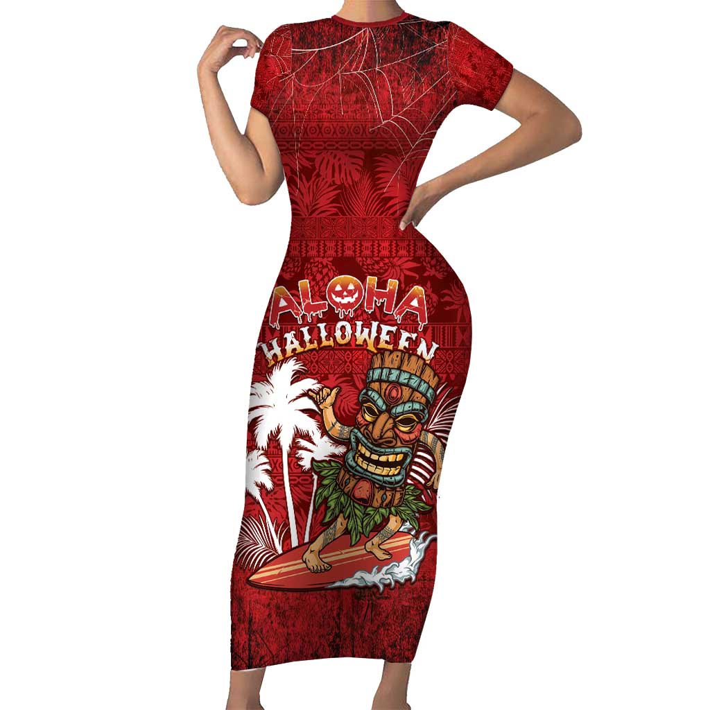 Personalised Aloha Halloween Short Sleeve Bodycon Dress Skeleton Surfing LT05 Long Dress Red - Polynesian Pride